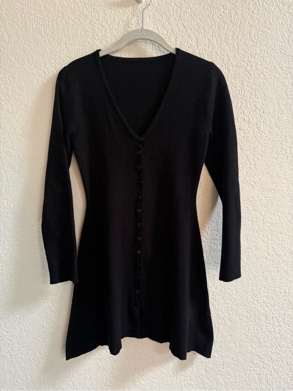 Black V-Neck Button-Front Mini Sweater Dress